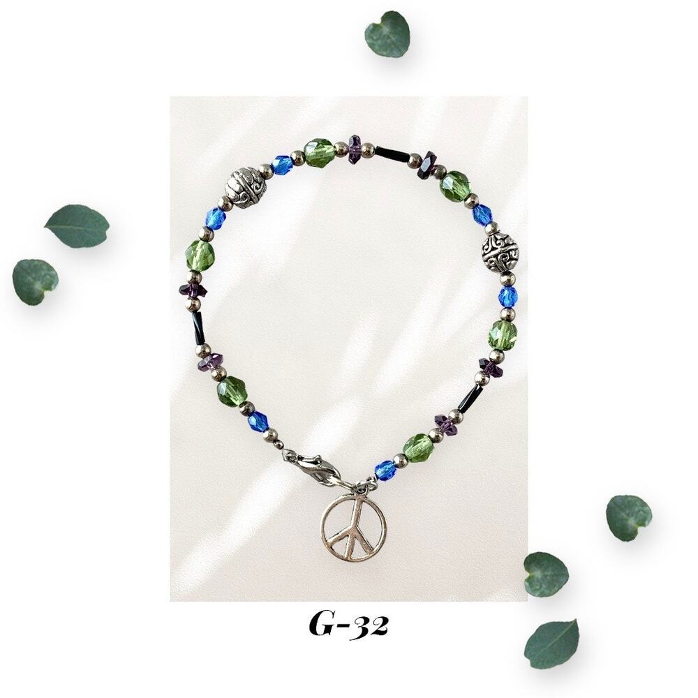 Peace Charm Anklet - Czech Glass Anklet - Amethyst Purple Olive Blue